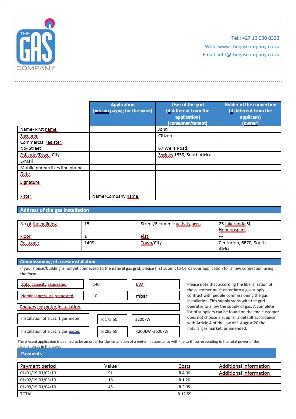South Africa The GAS Company gas bill in Word format